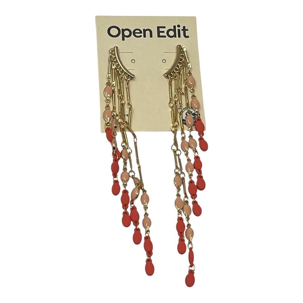 Open Edit Coral & Blush Beaded Chain Drop Chandelier Earrings NWT
